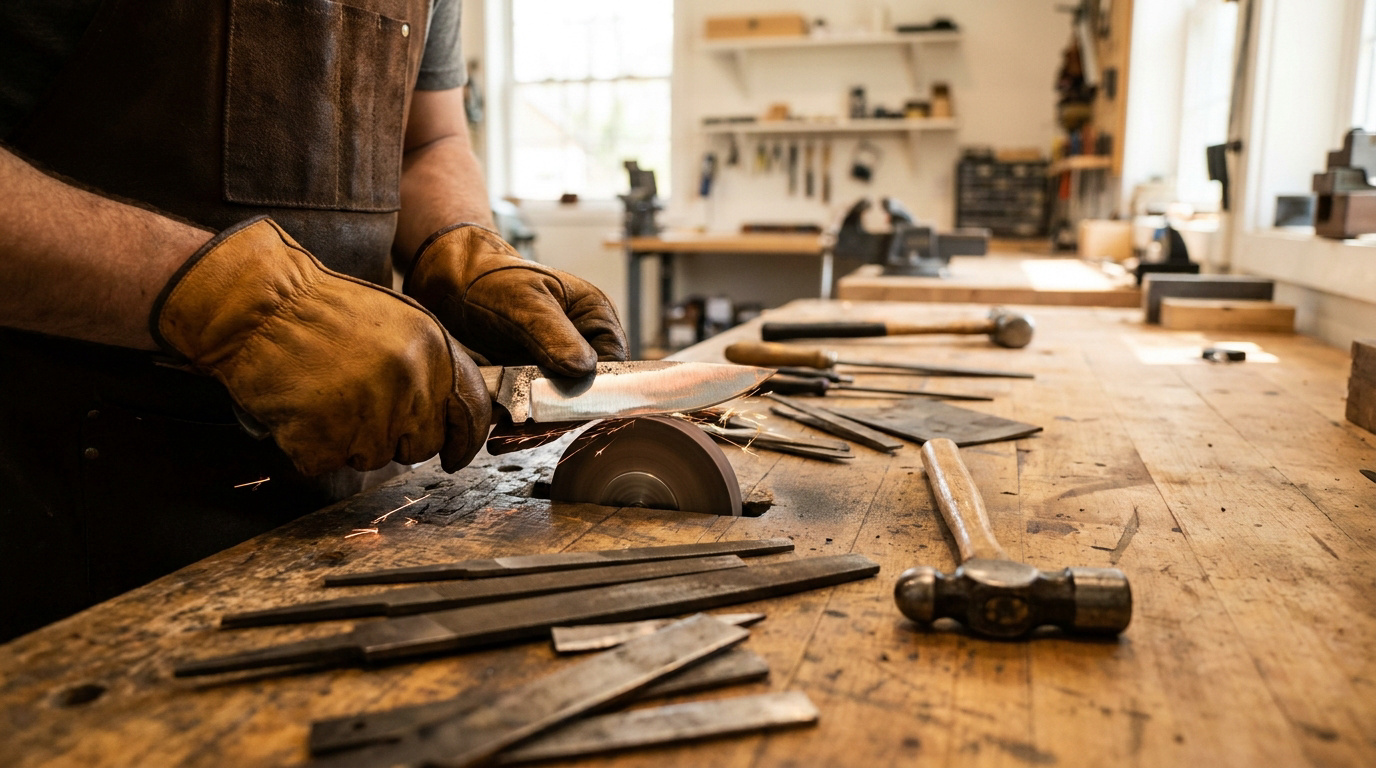 Un artisan coutelier affûte une lame sur une meule, avec des étincelles et des outils sur un établi en bois.