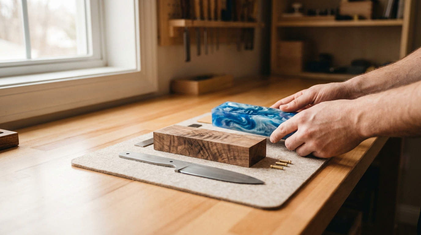 Mains manipulant un bloc de résine bleue et bois pour la création d'un manche de couteau artisanal sur un établi.